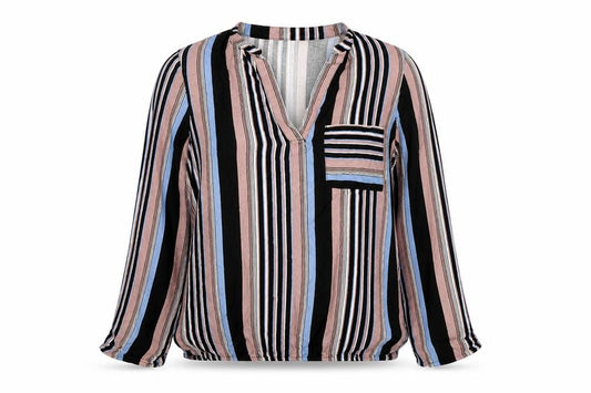 Front view of Selected women’s multicoloured striped viscose basic blouse, size UK 10, v-neck