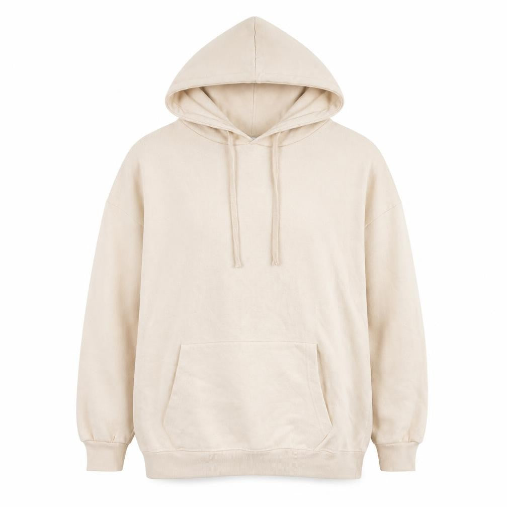 Front view of Nasty Gal women’s beige polyester pullover hoodie, size L, pullover