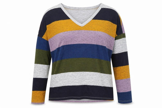 Front view of Jaqueline de Yong women’s multicoloured v-neck striped polyester jumper, size M
