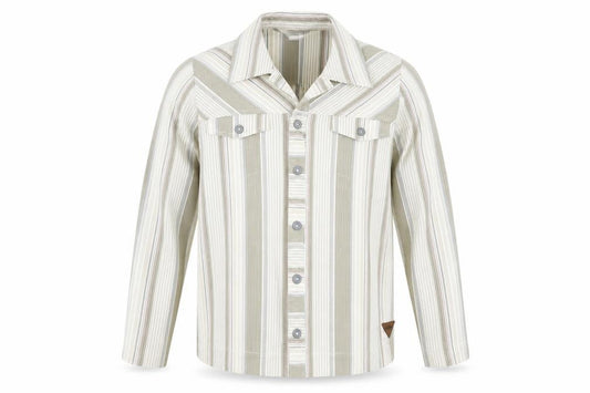 Front view of LauRie men’s brown striped cotton dress shirt, size 44, collared button