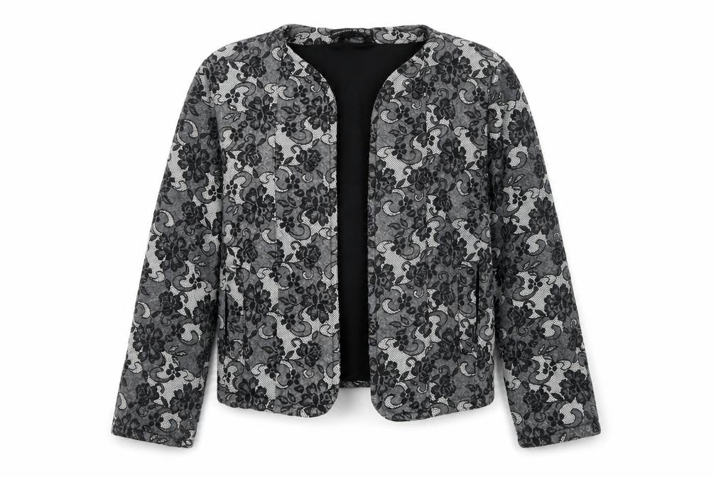 Front view of Atmosphere women’s black geometric jacket blazer, size UK 6