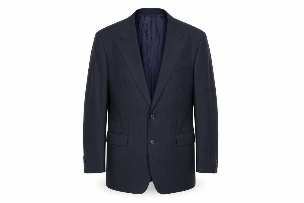 Front view of Marks & Spencer men’s blue striped polyester jacket suit jacket, size 46, regular