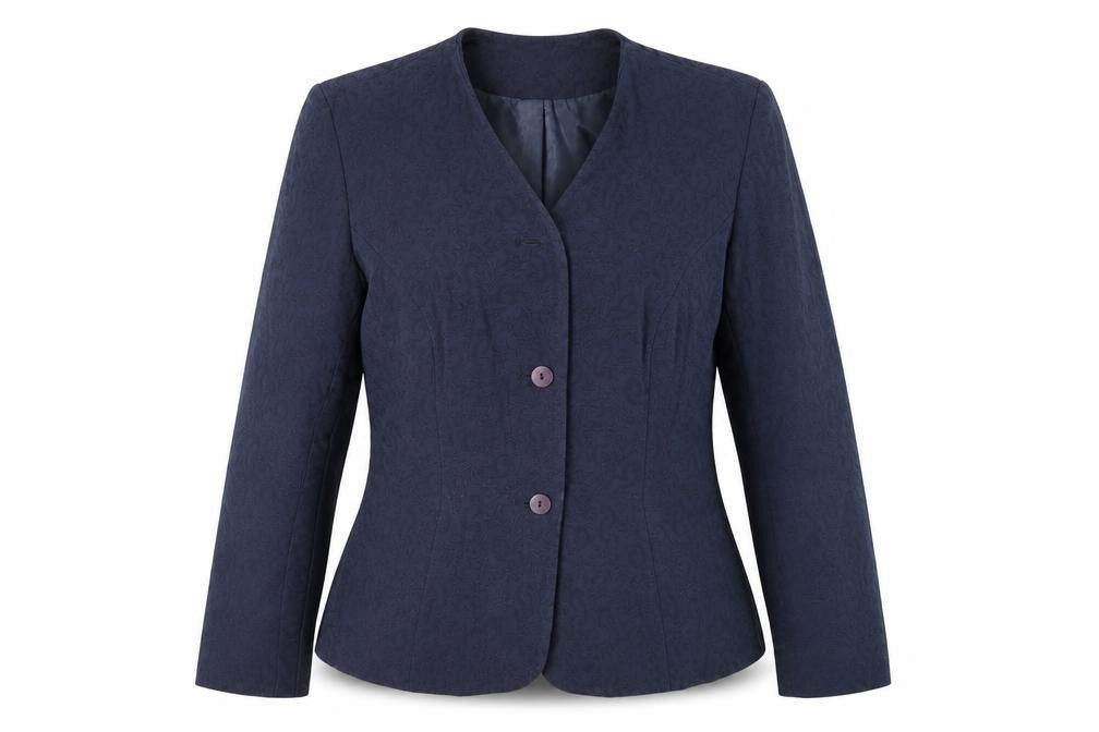 Front view of Kaliko women’s blue geometric jacket blazer, size UK 12, button