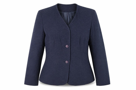 Front view of Kaliko women’s blue geometric jacket blazer, size UK 12, button