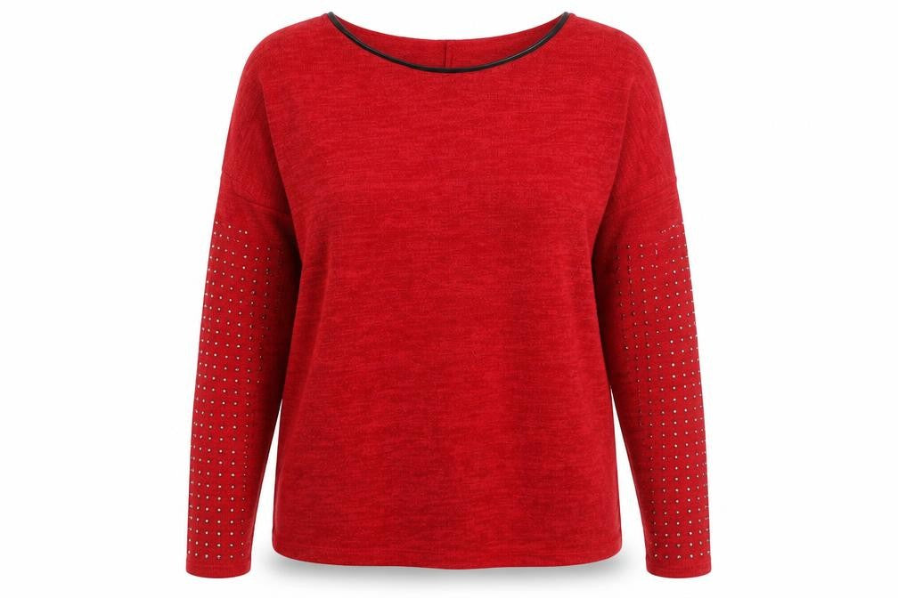 Front view of M&W women’s red round neck acrylic jumper, size S