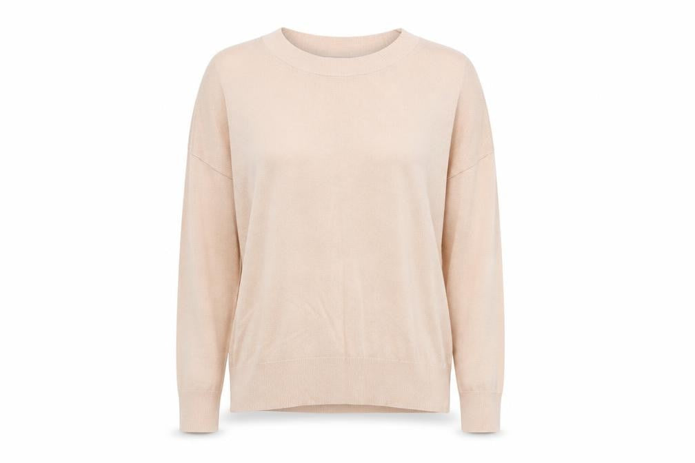 Front view of H&M women’s pink round neck acrylic jumper, size S