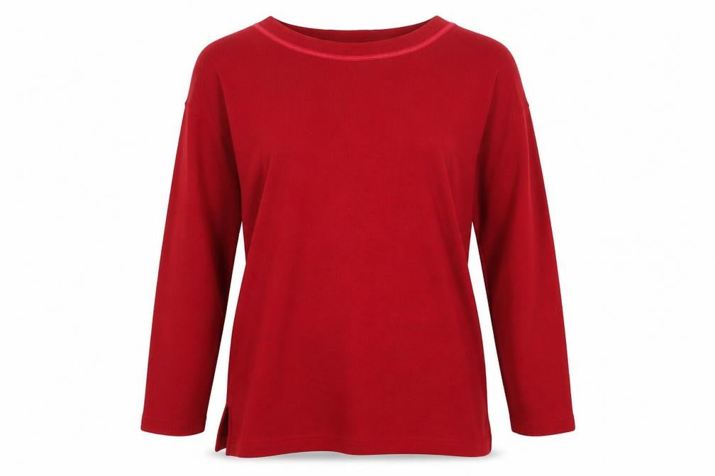 Front view of Paramour women’s red round neck acrylic jumper, size M