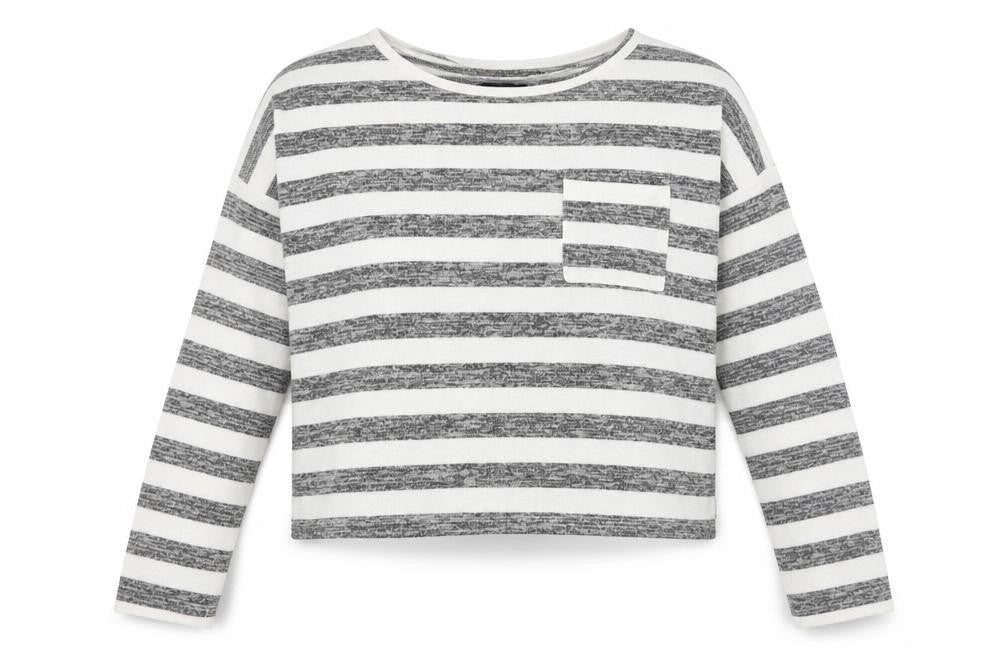 Front view of Candy Couture women’s grey round neck striped polyester jumper, size UK 14