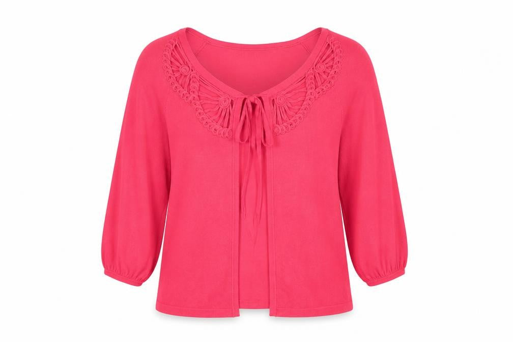 Front view of Papaya women’s pink v-neck acrylic jumper, size UK 12