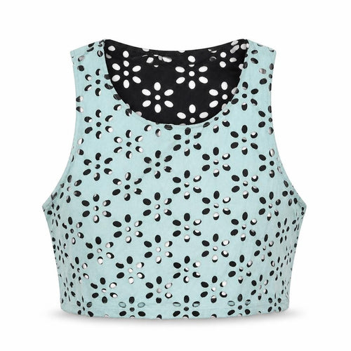FOREVER 21 Womens Blue Floral Polyester Cropped Tank Size S Scoop Neck