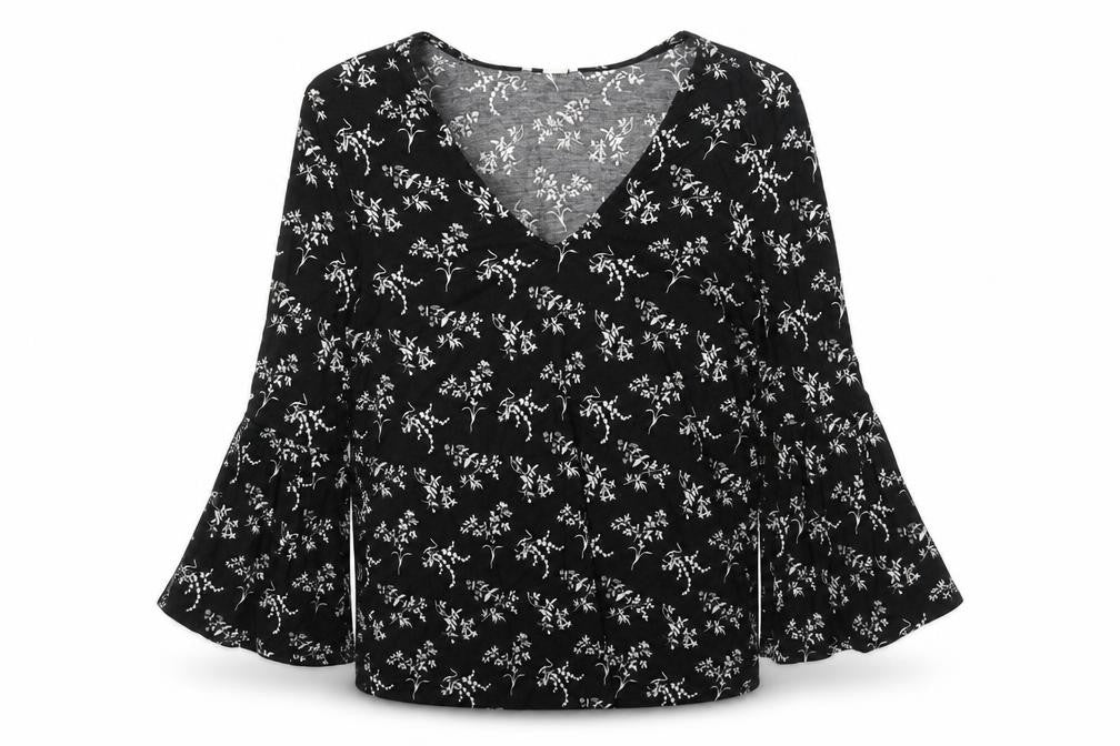 Front view of H&M women’s black floral cotton basic blouse, size XS, v-neck - flute sleeve