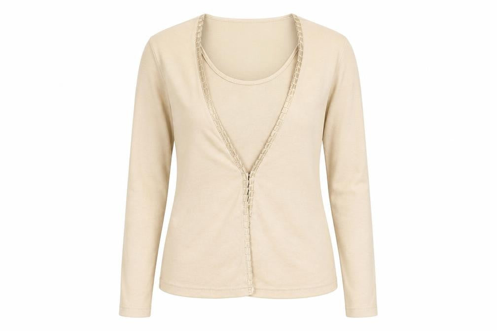 Front view of Viz A Viz women’s beige cotton basic blouse, size UK 12, v-neck