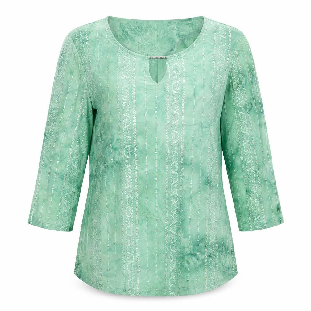 Front view of JM Collection women’s green geometric cotton basic blouse, size M, round neck