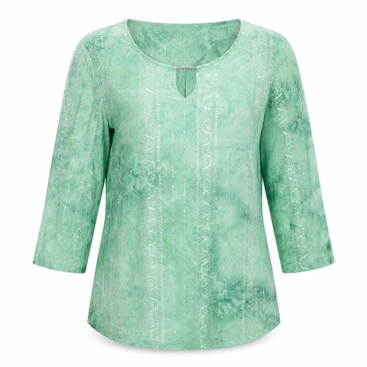 Front view of JM Collection women’s green geometric cotton basic blouse, size M, round neck