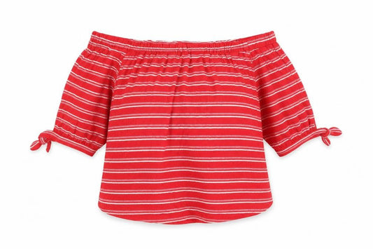 Front view of Papaya women’s red striped polyester basic blouse, size UK 16, off the shoulder