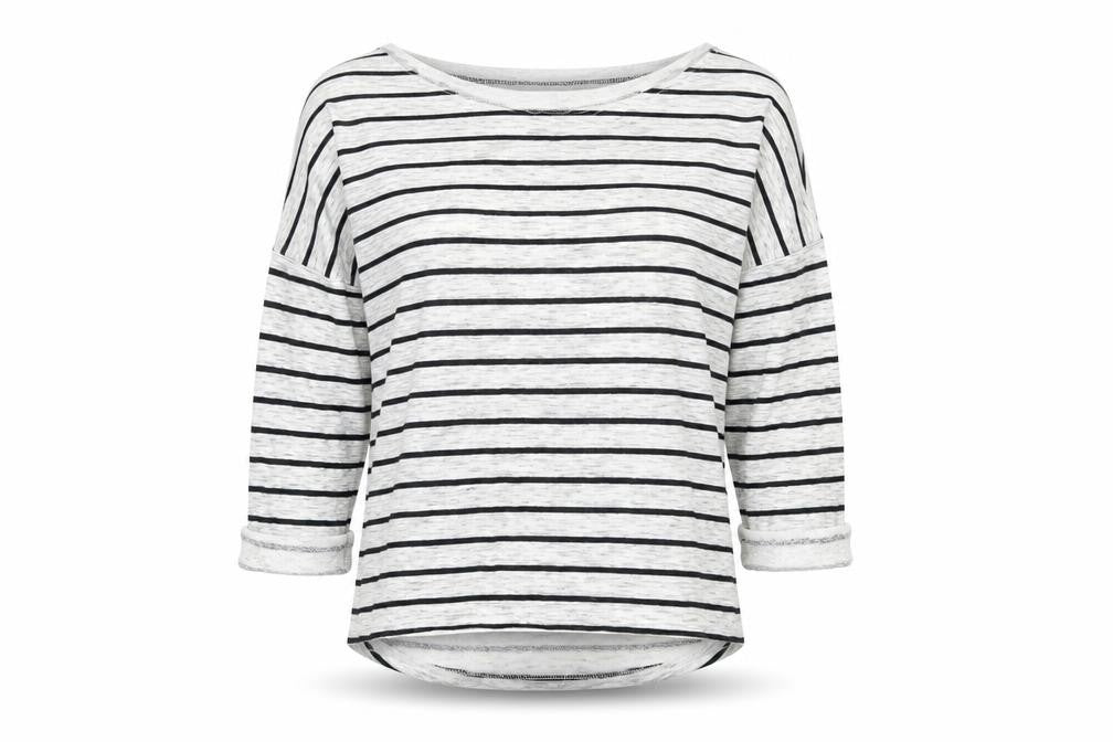 Front view of H&M women’s grey striped cotton pullover sweatshirt, size XS, pullover