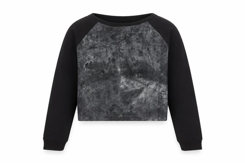 Front view of H&M women’s black cotton pullover sweatshirt, size XS, pullover - snake print acid wash cropped