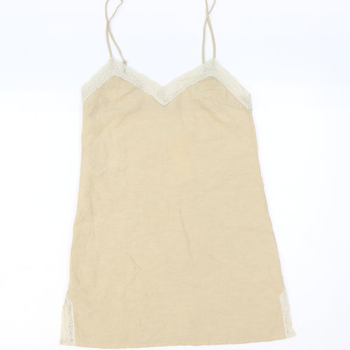 Zara Womens Beige Solid 100% Cotton Cami Dress Size XS Drawstring - Lace Trim