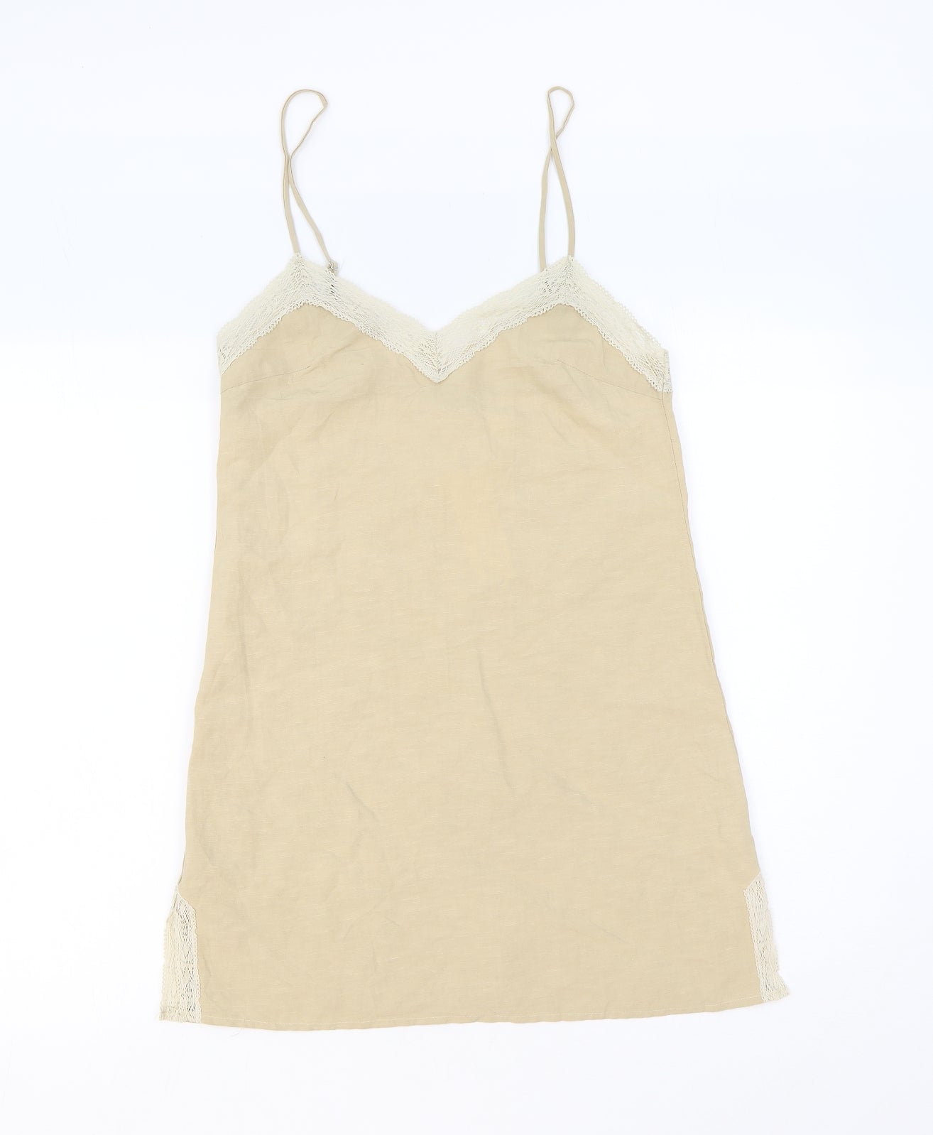 Zara Womens Beige Solid 100% Cotton Cami Dress Size XS Drawstring - Lace Trim