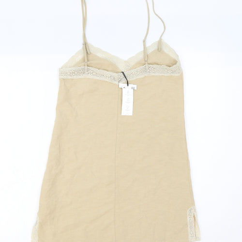 Zara Womens Beige Solid 100% Cotton Cami Dress Size XS Drawstring - Lace Trim