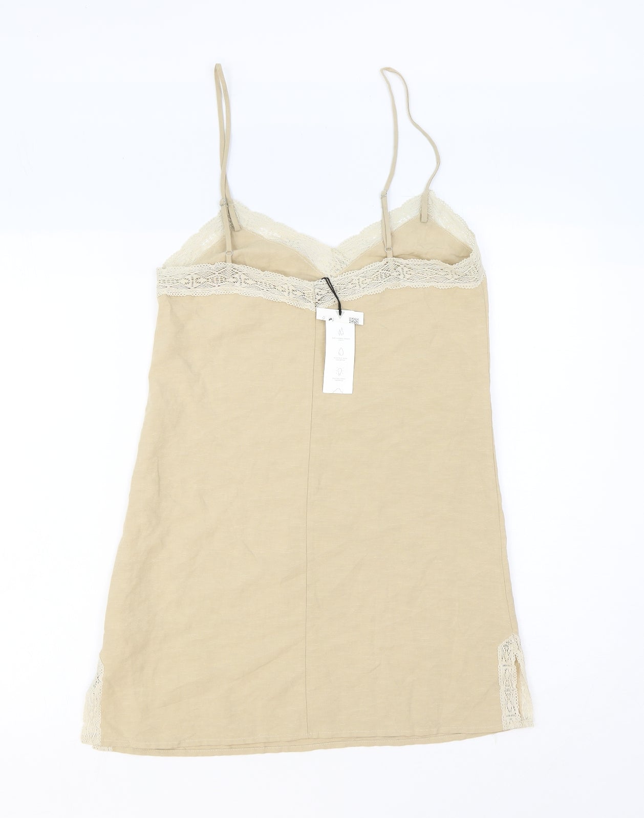 Zara Womens Beige Solid 100% Cotton Cami Dress Size XS Drawstring - Lace Trim