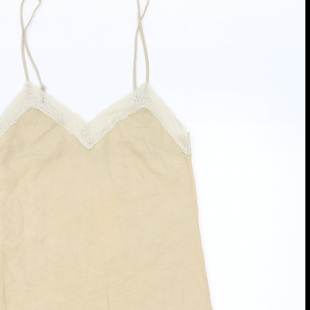 Zara Womens Beige Solid 100% Cotton Cami Dress Size XS Drawstring - Lace Trim
