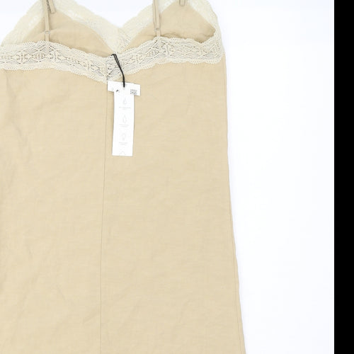 Zara Womens Beige Solid 100% Cotton Cami Dress Size XS Drawstring - Lace Trim