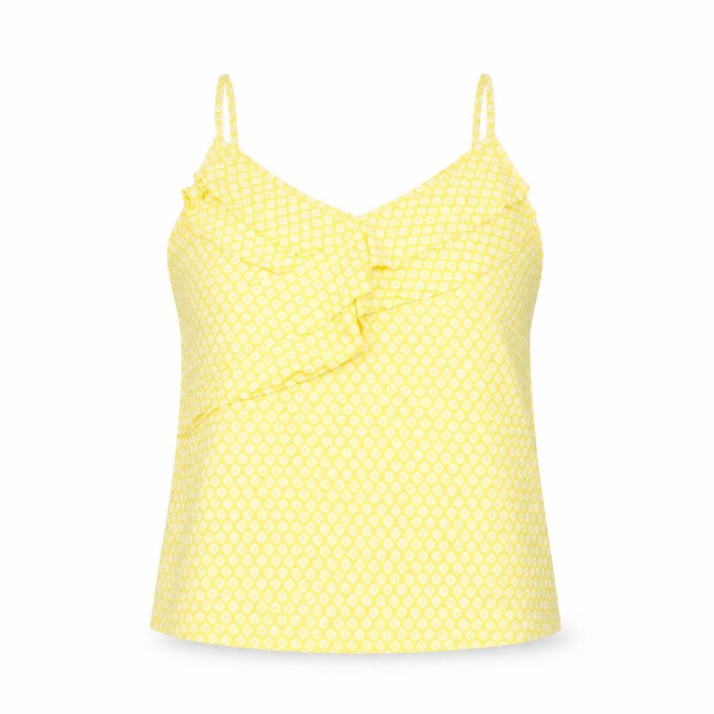 Front view of H&M women’s yellow geometric viscose basic tank, size UK 8, v-neck