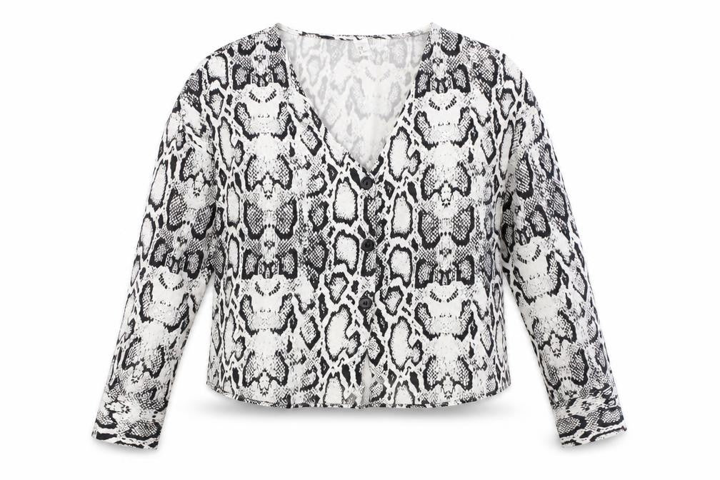 Front view of Divided by H&M women’s white animal print viscose basic button-up, size UK 12, v-neck - snake print