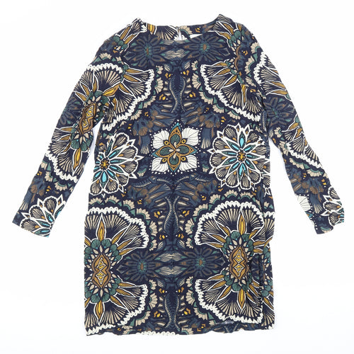 H&M Womens Multicoloured Geometric Viscose A-Line Size 12 Crew Neck Button