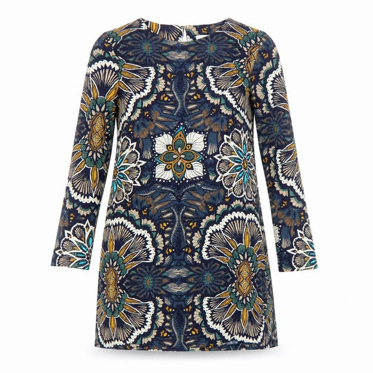 Front view of H&M women’s multicoloured geometric viscose a-line, size UK 12, crew neck button