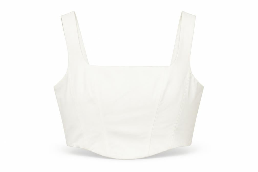 Front view of Stradivarius women’s white polyester cropped tank, size L, square neck