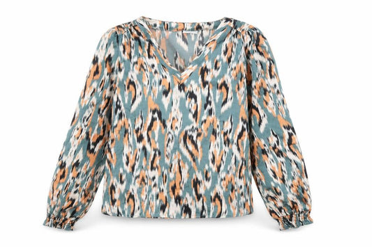 Front view of VILA women’s multicoloured geometric polyester basic blouse, size UK 6, v-neck