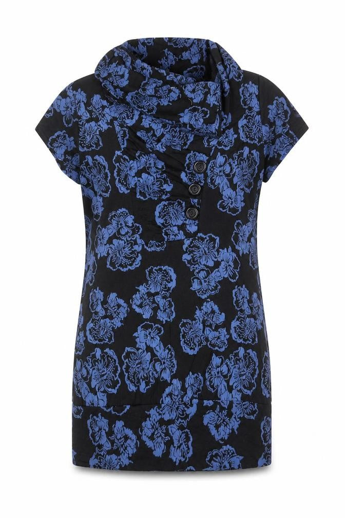 Front view of Preworn women’s blue floral polyester basic blouse, size M, round neck