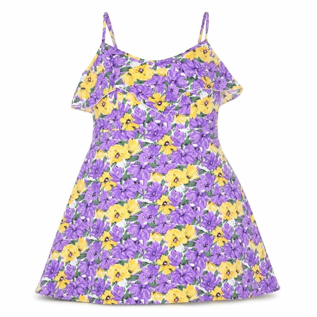 Front view of LUC-CE women’s purple floral polyester a-line, size S, scoop neck pullover - cold shoulder