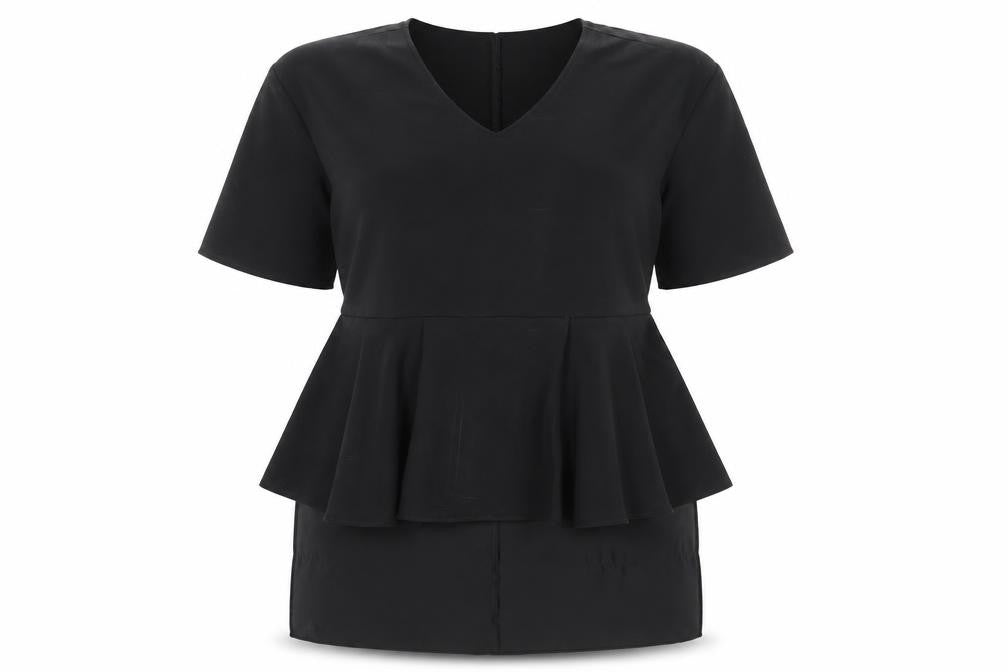 Front view of H&M women’s black polyester tunic blouse, size UK 14, v-neck - hi lo hem