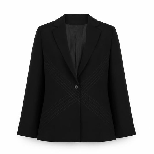 Front view of Linea women’s black jacket blazer, size UK 12, button