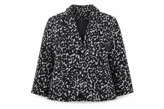 Front view of Soaked in Luxury women’s black geometric jacket blazer, size M, button