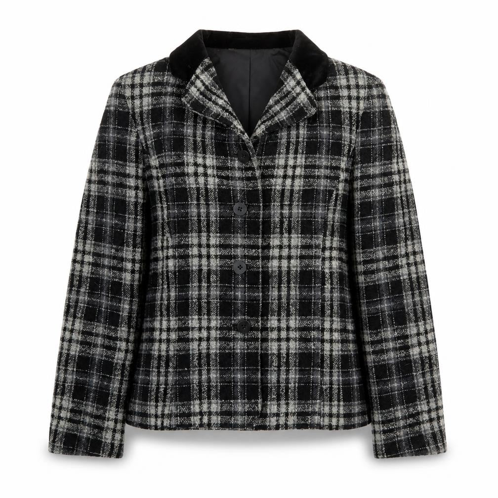 Front view of Marks & Spencer women’s black plaid jacket, size UK 12, button