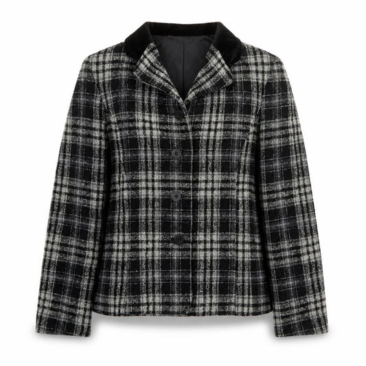 Front view of Marks & Spencer women’s black plaid jacket, size UK 12, button