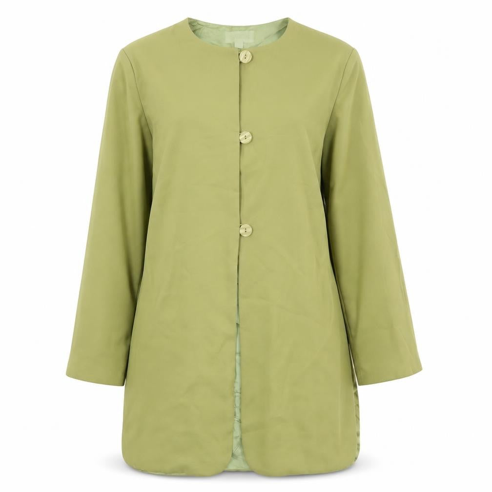 Front view of Sensations women’s green overcoat coat, size L, button