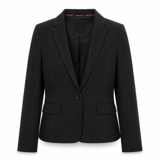 Front view of Oasis women’s black polyester jacket blazer, size UK 14, button