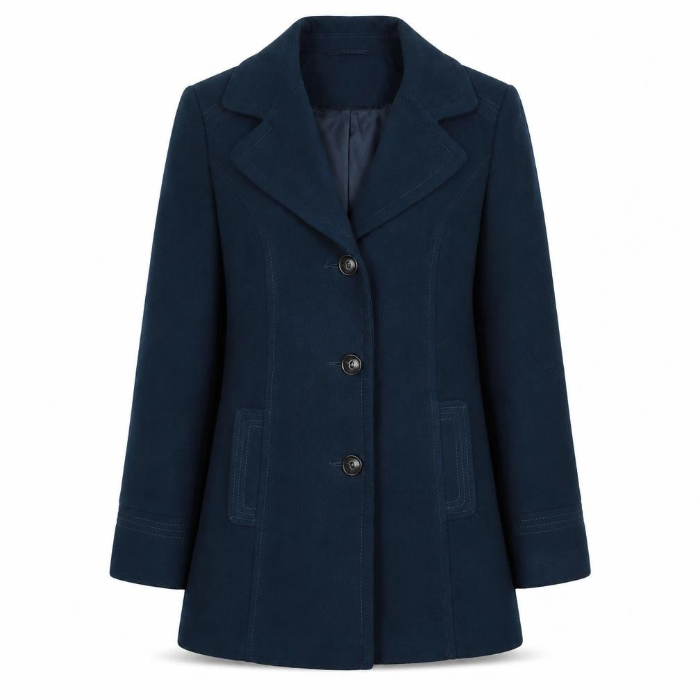 Front view of BHS women’s green pea coat coat, size UK 14, button