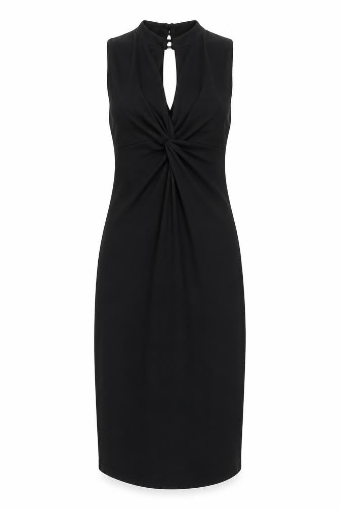 Front view of One women’s black polyester bodycon, size UK 12, v-neck button - knot front