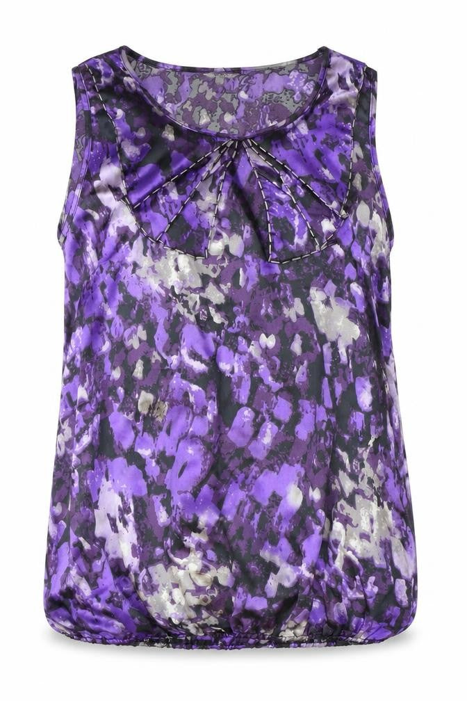 Front view of Klass women’s purple geometric polyester basic tank, size UK 12, scoop neck - elastic hems