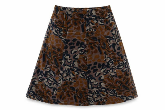 Front view of Preworn women’s multicoloured animal print cotton swing skirt, size UK 30, in - leopard pattern