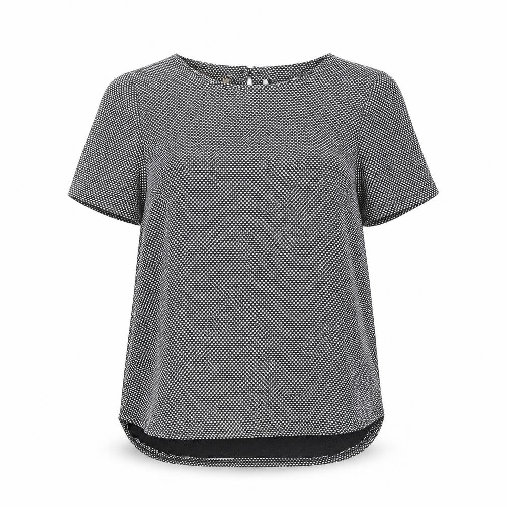 Front view of K&D women’s black geometric polyester basic t-shirt, size UK 16, boat neck