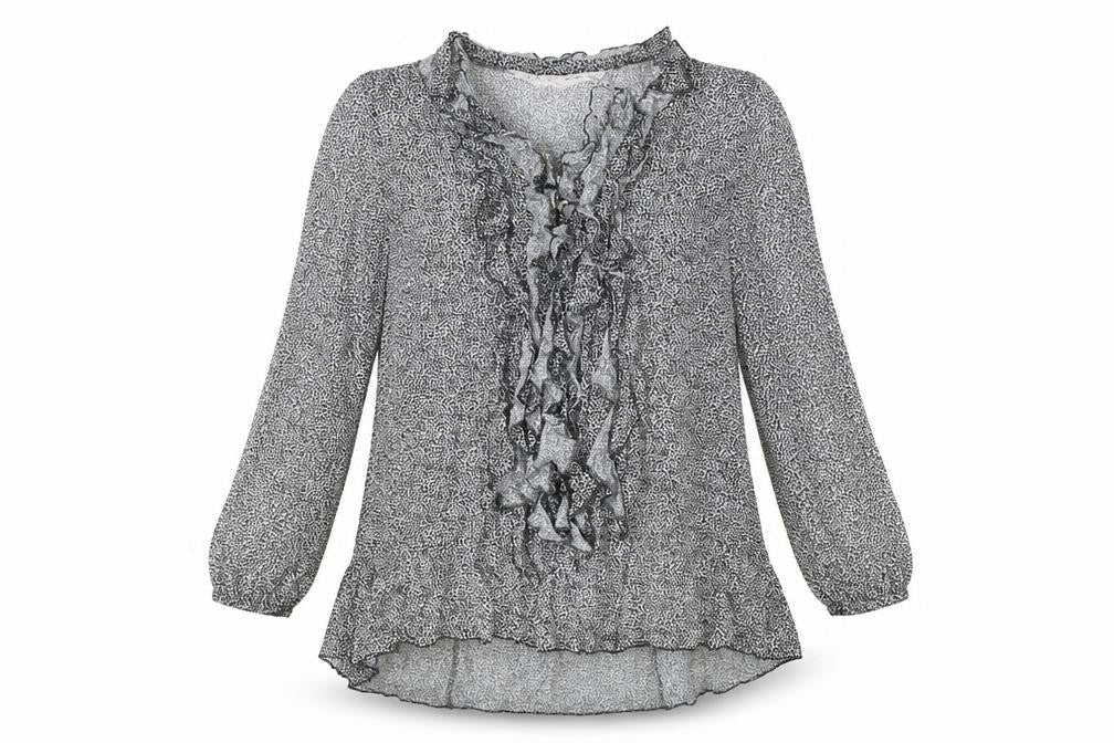 Front view of Preworn women’s black animal print viscose basic blouse, size M, v-neck - leopard print