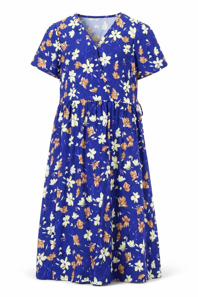 Front view of women’s blue floral polyester a-line, size S, v-neck pullover