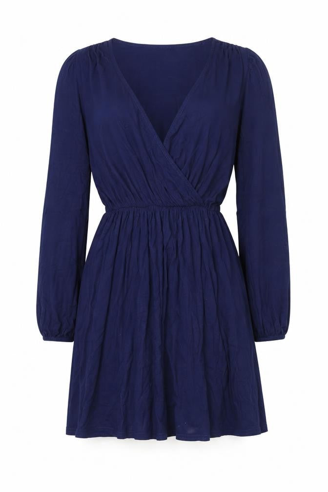 Front view of Boohoo women’s blue polyester fit & flare, size UK 10, v-neck pullover